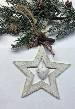 Holz-Stern mit Herz zum Hängen, braun-weiss